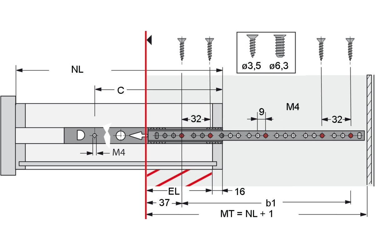 Guide a estrazione semplice HETTICH KA 1730, montaggio scanalatura 17 mm