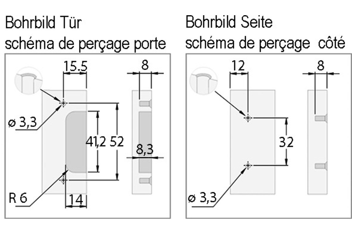 Charnières double mono-axe plates pour portes minces PRÄMETA, recouvr. de porte 3.5 mm, lacet centrique