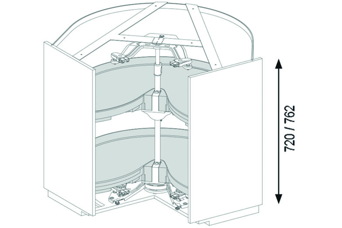 Carrousel d'élément d'angle à porte pliante NINKA MONDO pour meubles d'angles 90°, sans rayons carrousels pour remplir individuellement