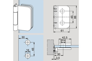 Charnière pour porte vitrée DOMRA GLAS avec pièce de cadre