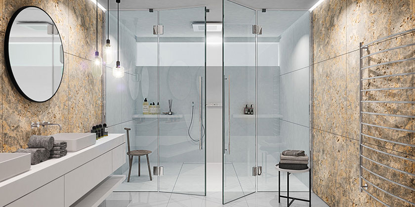 Ces ferrements permettent de concevoir des espaces de salle de bain et de bien-être sophistiqués : douches en U, d’angle, avec portes coulissantes ou à l’italienne. Ces cloisons, cabines et bien d’autres sont réalisables avec les systèmes PAULI+SOHN.