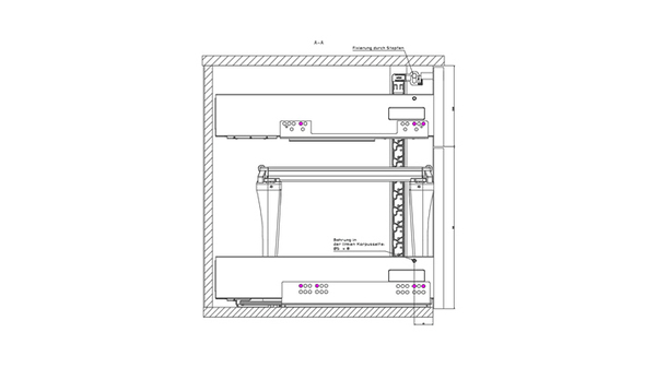 Exemple de construction du système de fermeture pour système de tiroir à double paroi InnoTech Atira, largeur d'installation variable / rangée de perçage 32 mm / verrouillage d'un côté