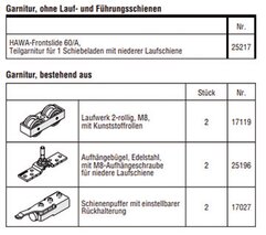 HAWA-Frontslide 60/A, Teilgarnitur für 1 Schiebeladen mit niederer Laufschiene